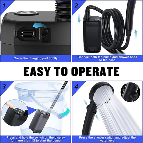 Portable Camping Shower with LED Display – 6000mAh Rechargeable Battery, Adjustable Shower Modes & Electric Pump