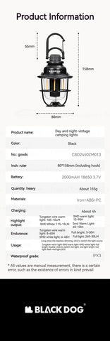 Naturehike Blackdog Camping Hanging Light – Portable Vintage LED Tent Lantern, IPX3 Waterproof, Ultralight 155g with 2000mAh Battery