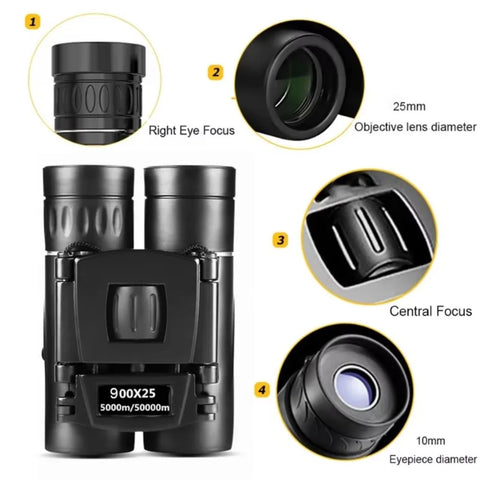 HD 900/1000x25 Long Range Folding Binoculars – Compact 9000M Mini Telescope with BAK4 Prism & FMC Optics