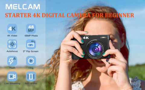 Melcam 4K Digital Camera with Flip Screen – 48MP Autofocus Vlogging Camera for Photography & Video, Anti-Shake, Flash, 16X Zoom