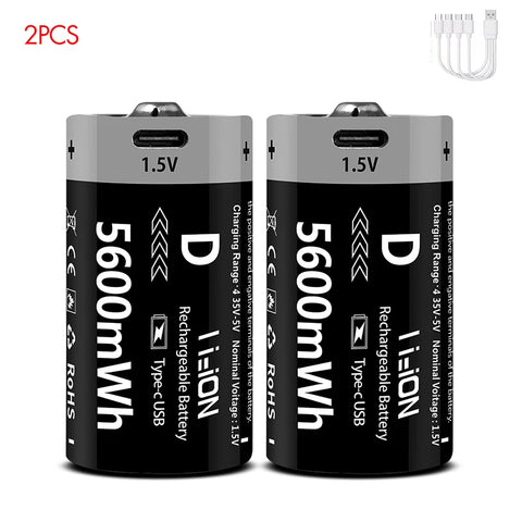 MATOV USB Rechargeable D Size Battery – 1.5V 5600mWh LR20 Lithium-ion D-Cell (2 or 4 Pack)