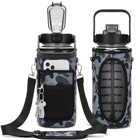 Half Gallon Motivational Water Bottle with Sleeve – 64oz Leak-Proof BPA-Free Bottle with Straw, Time Markers & Adjustable Strap