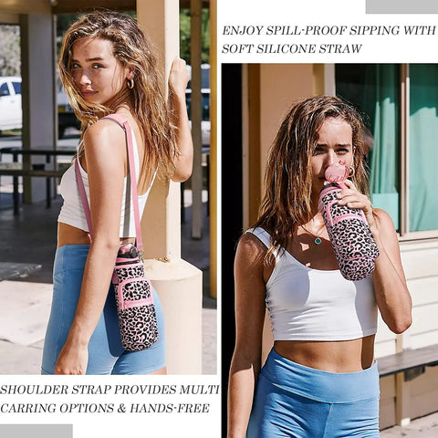 32 oz Motivational Water Bottle with Sleeve – Leakproof BPA-Free Bottle with Straw, Time Marker & Adjustable Strap Carrier (1L)