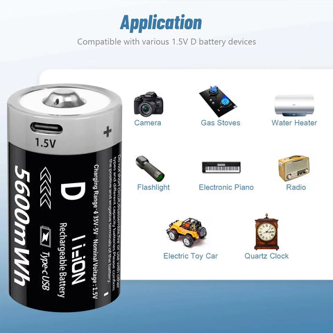 MATOV USB Rechargeable D Size Battery – 1.5V 5600mWh LR20 Lithium-ion D-Cell (2 or 4 Pack)