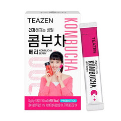Teazen Kombucha Berry packaging with a woman holding a bottle on a white background