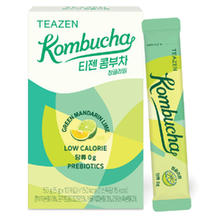 Teazen Kombucha Green Mandarin Lime packaging on a white background
