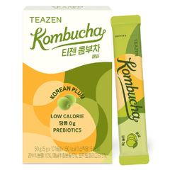 Teazen Kombucha Korean Plum package and single stick on a white background