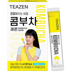 TEAZEN Kombucha lemon flavor packaging with a woman holding a package on a white background