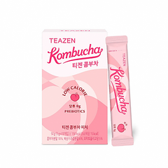 Teazen Kombucha package with a pink sachet on a white background