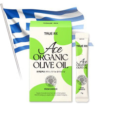 TRUE RX Ace Organic Olive Oil packaging with a Greek flag in the background