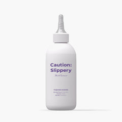 White bottle with a purple label on a white background