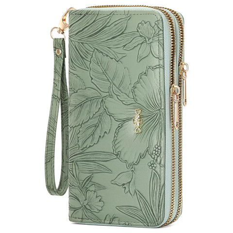 Embossed Floral Pattern Double Zipper Wallet