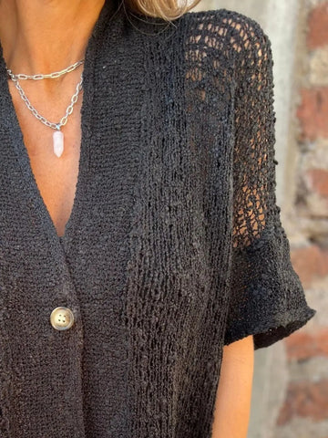 Full Size One Button Openwork Cardigan Plus Size
