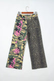 Multicolour Retro Floral Leopard Contrast Patchwork Raw Hem Jeans