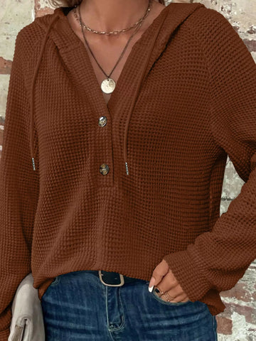 Casual Waffle Knit Button Detail Hoodie