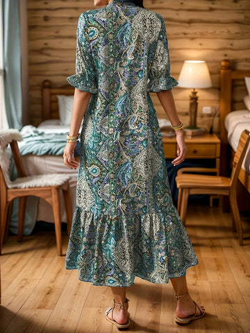 Full Size Bohemian Paisley Print Ruffle Hem Midi Dress Plus Size
