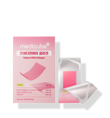Pink packaging of Medicube Salmon DNA Collagen with a white background